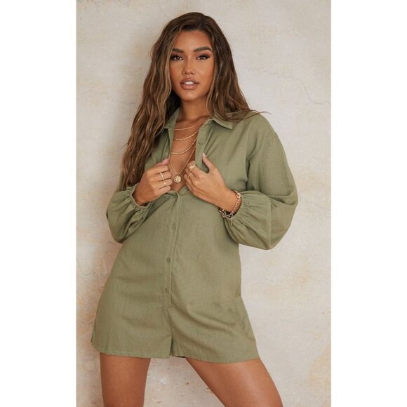NWT PrettyLittleThing Khaki Linen Look Oversized Long Sleeve Playsuit Size 12 - Picture 1 of 13